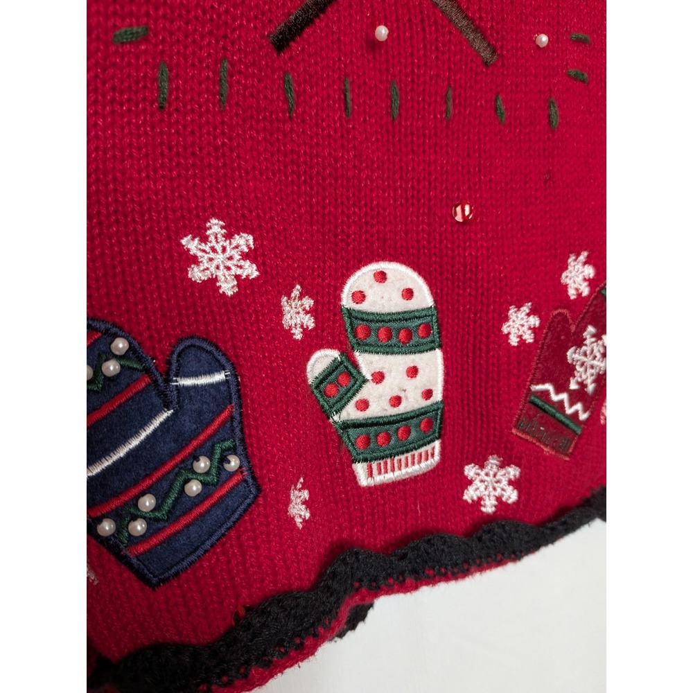 Vtg Granny Core Embroidered Cardigan Sweater Size Large Red Winter Chunky Knit - Picture 6 of 11